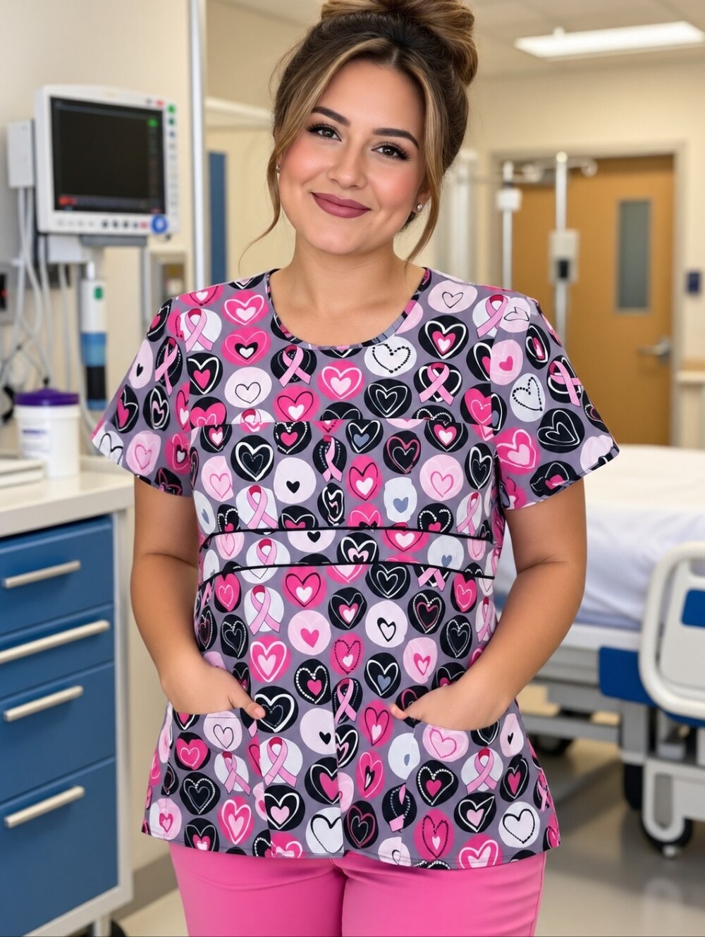 White Cross Hearts and Breast Cancer Awareness Ribbon Scrub Top Pink Black